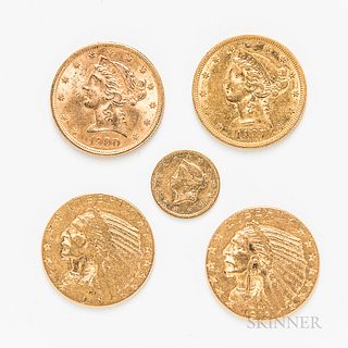Four $5 Indian and Liberty Head Gold Coins and an 1853 Gold Dollar