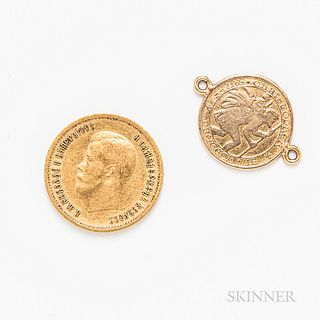 1899 Russian 10 Rouble Gold Coin and a 14kt Gold Charm.