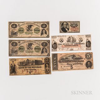 Five Obsolete Notes and a 25 Cent Fractional Currency Note