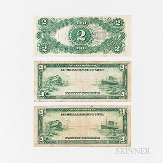 1917 $2 Legal Tender Note and Two 1914 $20 Federal Reserve Notes.