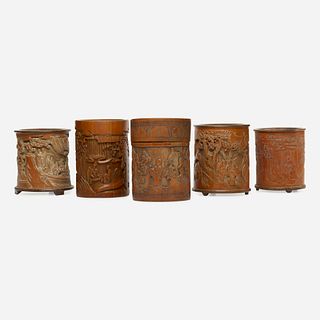 Chinese, carved bamboo brush pots, collection of five