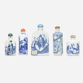 Chinese, Blue and White snuff bottles, collection of five