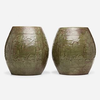 Chinese, Longquan celadon drum stools, pair