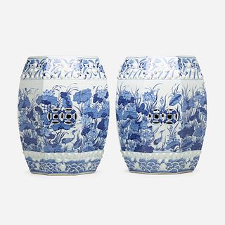 Chinese, Blue and White drum stools, pair