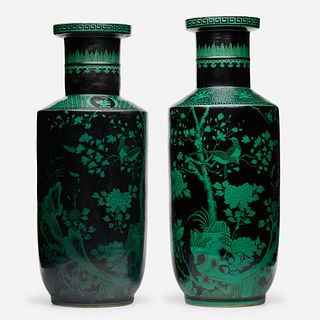 Chinese, Famille Noire 'Flora and Fauna' rouleau vases, pair