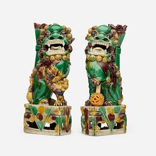 Chinese, sancai-glazed Fu Lion joss holders, set of two