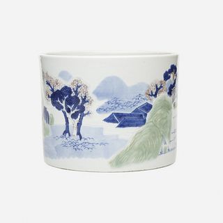 Chinese, Blue and White turquoise-ground brush pot