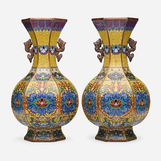 Chinese, Large yellow-ground cloisonne enamel vases, pair