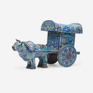 Chinese, cloisonne enamel ox cart group