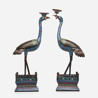 Chinese, Large cloisonne enamel crane form candle prickets, pair