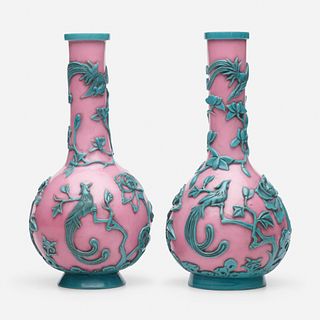 Chinese, pink Peking glass 'Phoenix' vases with turquoise overlay, pair