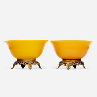 Chinese, ormolu-mounted yellow Peking glass bowls, pair