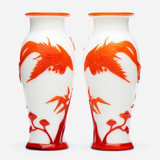 Chinese, white Peking glass 'Phoenix' vases with red overlay, pair