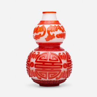 Chinese, white Peking glass 'Prosperity' vase with red overlay