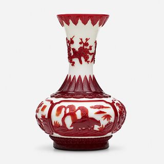 Chinese, white Peking glass bottle vase with red overlay