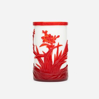 Chinese, white Peking glass brush pot with red overlay