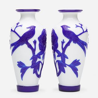 Chinese, white Peking 'Pheasant' glass vases with blue overlay, pair