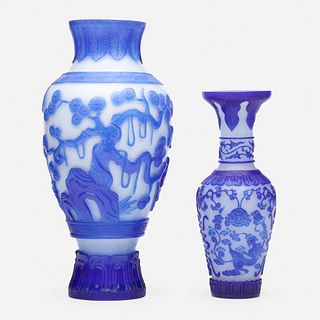 Chinese, white Peking glass vases with blue overlay, set of two