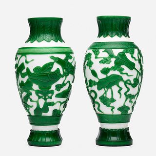 Chinese, white Peking glass vases with green overlay, pair