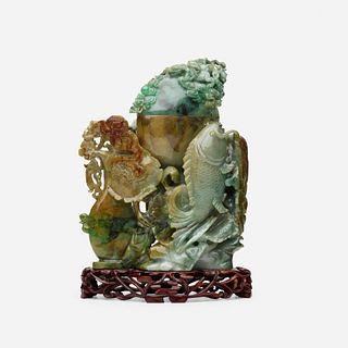 Chinese, green jade 'Carp and Lotus' jar and cover