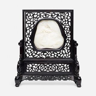Chinese, white jade 'Mountain Landscape' table screen