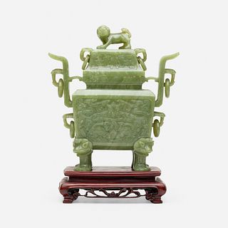 Chinese, spinach green jade archaistic censer and cover