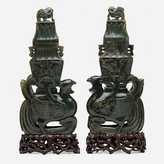 Chinese, spinach green jade archaistic 'Phoenix' lidded vases, pair