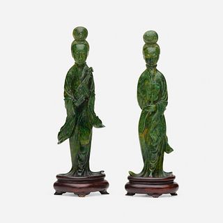 Chinese, spinach green jade 'Court Ladies', pair