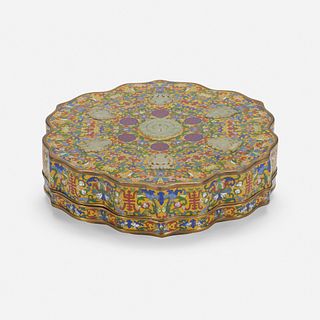 Chinese, yellow-ground cloisonne enamel jade inlay box and cover