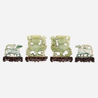 Chinese, jade and jadeite mythical beasts, collection of four
