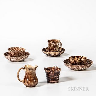 Three Staffordshire Brown Tortoiseshell-glazed Cups and Saucers, Cream Jug, and Bucket