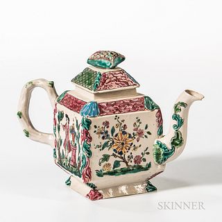 Staffordshire Enamel-decorated Salt-glazed Stoneware Teapot