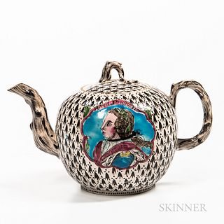 Staffordshire Enamel-decorated Salt-glazed Stoneware Frederick the Great Teapot