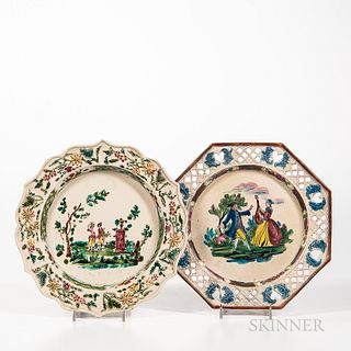 Two Staffordshire Enamel-decorated Molded Salt-glazed Stoneware Plates