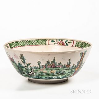 Staffordshire Enamel-decorated Salt-glazed Stoneware Punch Bowl