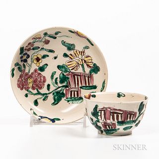 Staffordshire Enamel-decorated Salt-glazed Stoneware Teabowl and Saucer