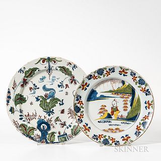 Two Polychrome Decorated English Tin-glazed Earthenware Plates