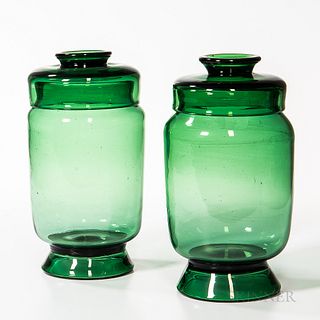 Two Green Blown Glass Apothecary Jars