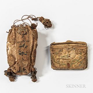 Early Embroidered and Lacework Purse and Leather Wallet
