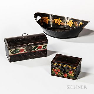 Two Small Painted Tin Document Boxes and a Bread Tray