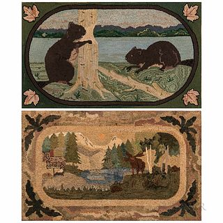 Two Wildlife Landscape Hooked Rugs