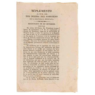 Suplement to Num. 1089 of the Diario del Gobierno de la República. México: Imprenta del Águila, Directed by José Ximeno, 1838.
