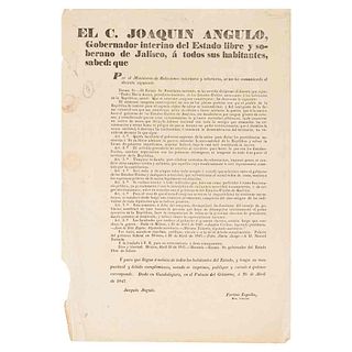 Anaya, Pedro María. Bando sobre las Medidas Tomadas con Respecto a la Guerra contra los Estados Unidos. Guadalajara, April 26th, 1847.