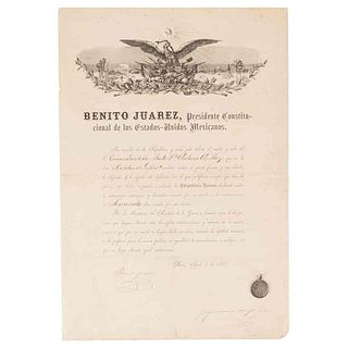 Juárez, Benito / Navalon. Diploma and Medal for Batallion Commander Antonio A. Páez. Diploma signed by Juárez. México, 1867. Pieces:2