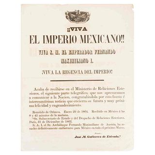 Gutiérrez de Estrada, José M. Bando para Anunciar la Llegada de Maximiliano de Habsburgo a México. México, 1864.