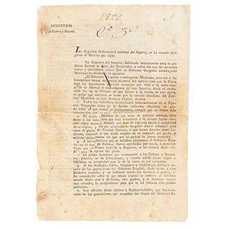 Circular del Decreto de la Regencia del Imperio del 26 de Marzo de 1822. Membrete del Ministerio de Guerra y Marina.