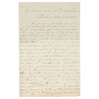 Tapia, Santiago. Handwritten letter. Pachuca, October 22nd, 1861. Signed.