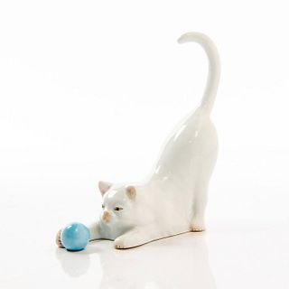 Herend Porcelain Figurine, White Cat With Blue Ball