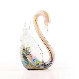 Lg Stuart Abelamn Art Glass Iridescent Figure, Swan