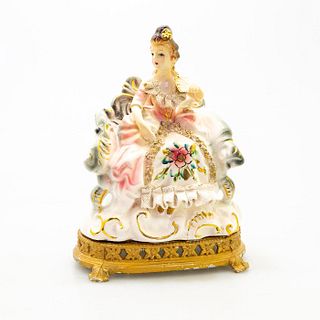 Porcelain Lace Figurine, Seated Woman With Hand Fan